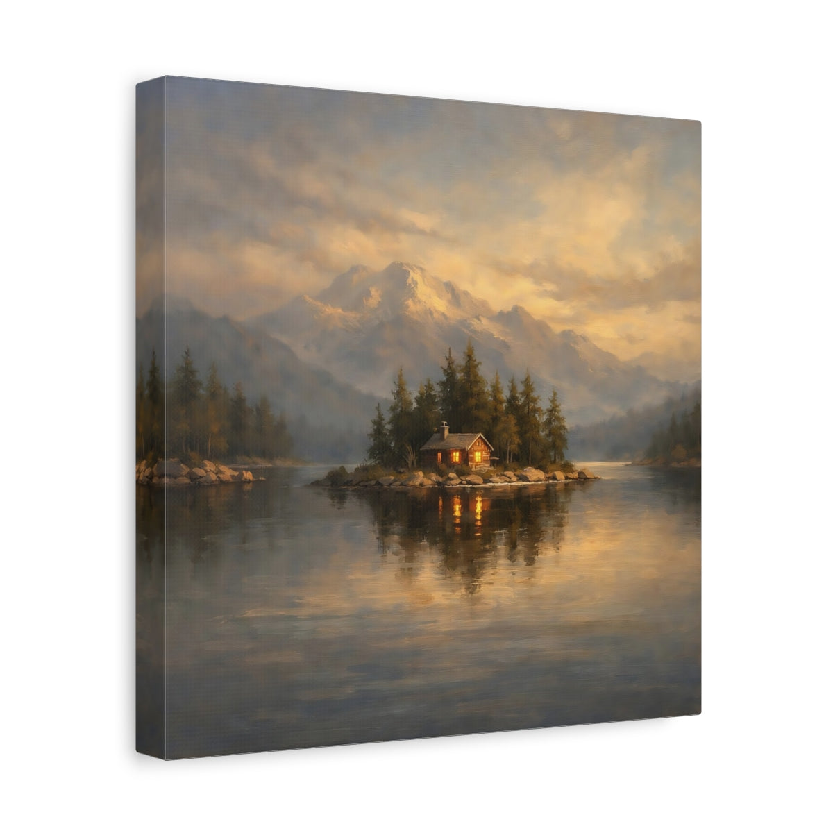 Side Mockup 8. Nature Island Cabin Mountain Lake Cabin shown as stretched canvas wall art