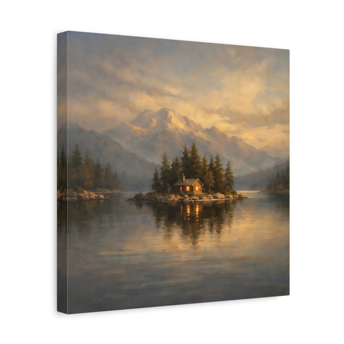 Side Mockup 7. Nature Island Cabin Mountain Lake Cabin shown as stretched canvas wall art