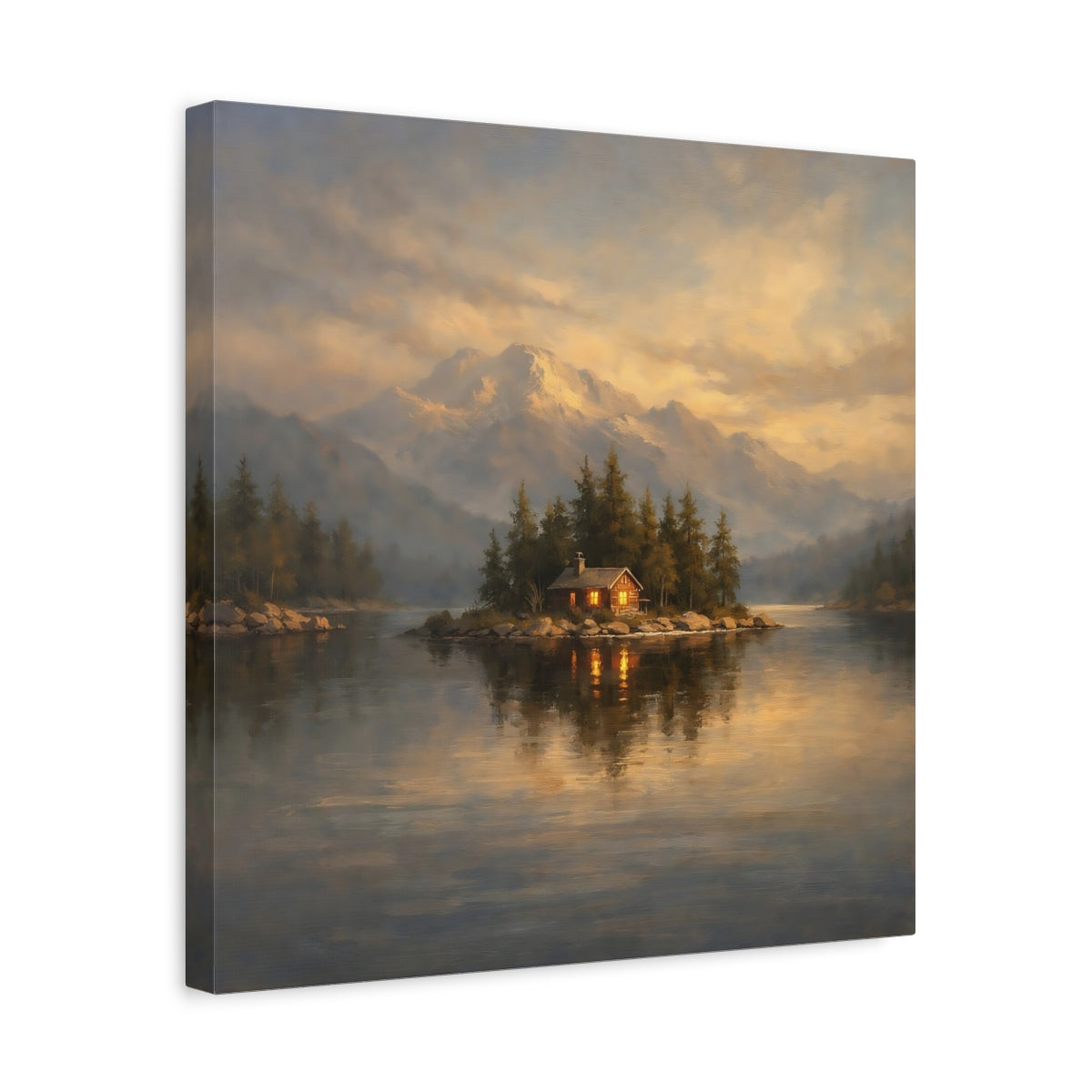 Side Mockup 6. Nature Island Cabin Mountain Lake Cabin shown as stretched canvas wall art