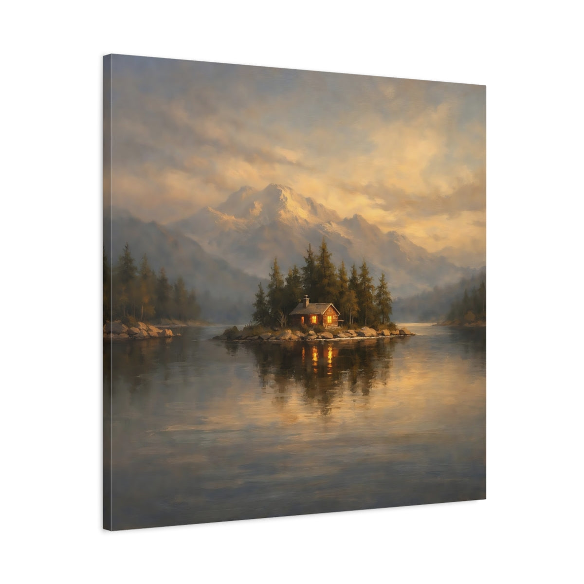 Side Mockup 3. Nature Island Cabin Mountain Lake Cabin shown as stretched canvas wall art