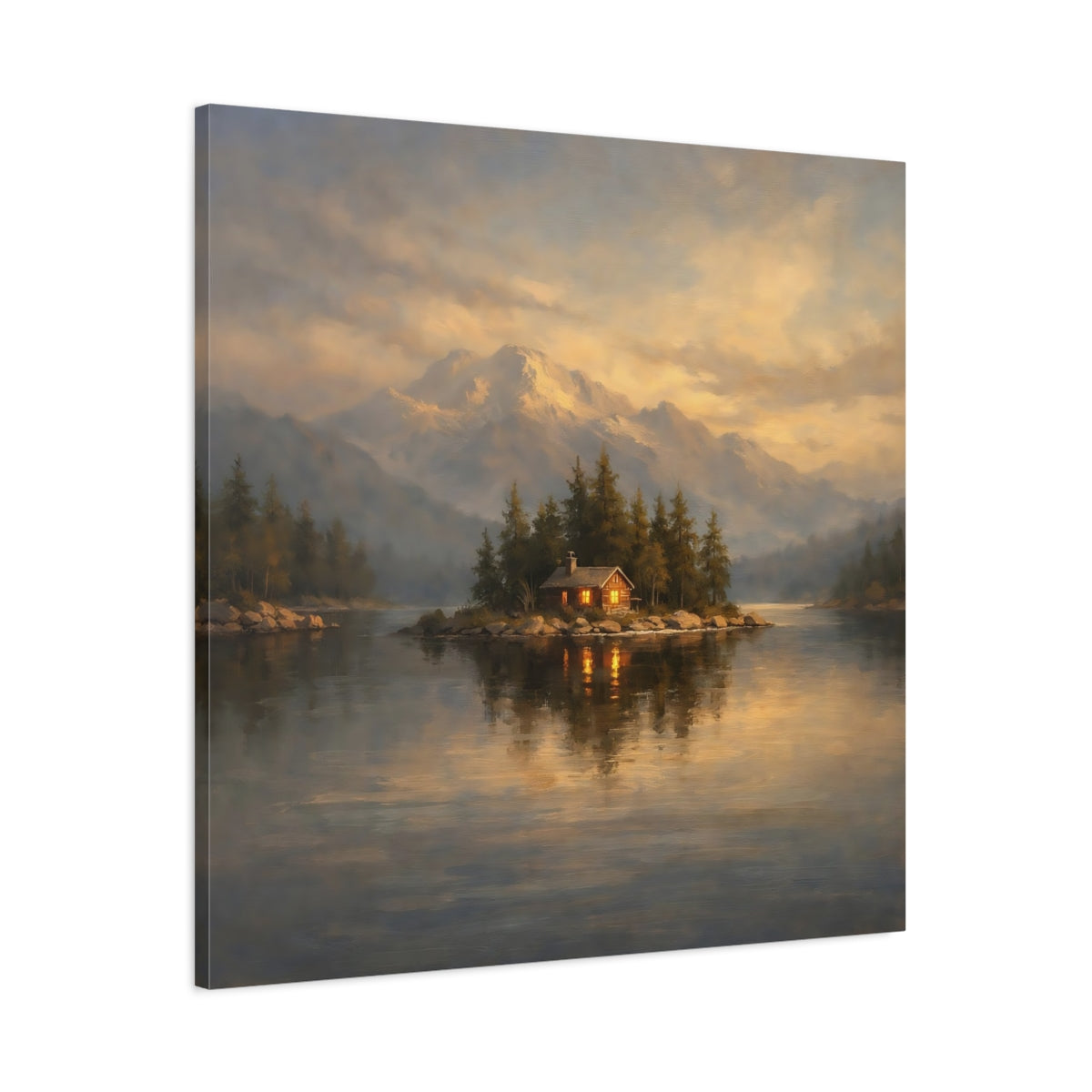 Side Mockup 2. Nature Island Cabin Mountain Lake Cabin shown as stretched canvas wall art