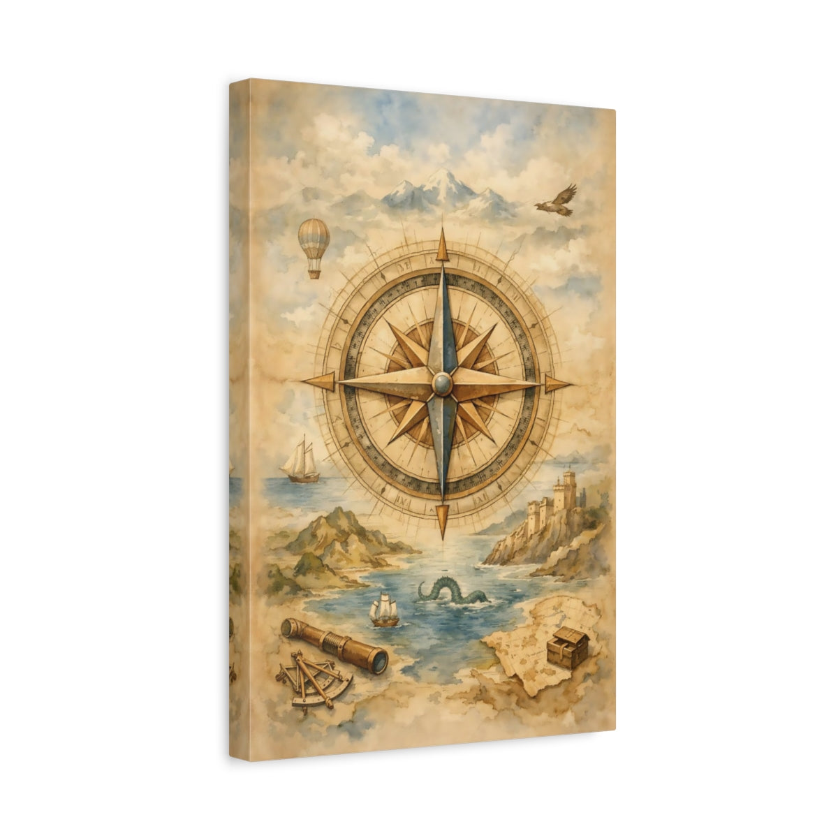 Side Mockup 4. Maps Compass Rose Vintage Map shown as stretched canvas wall art