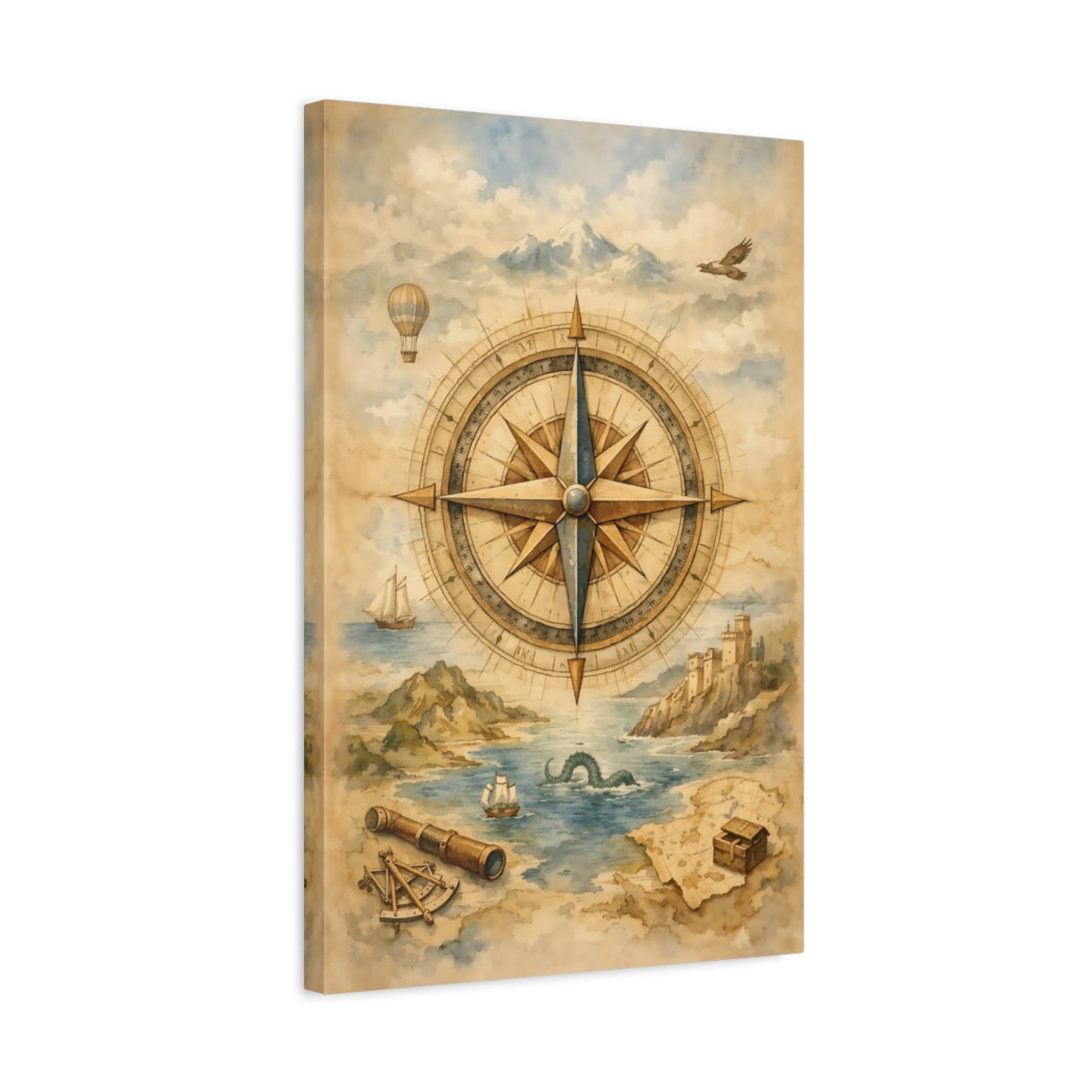 Side Mockup 3. Maps Compass Rose Vintage Map shown as stretched canvas wall art