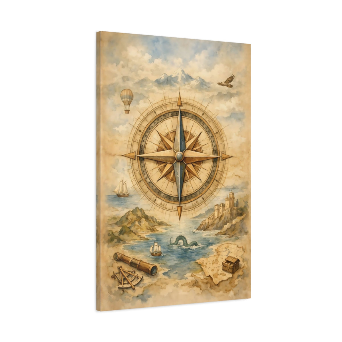 Side Mockup 1. Maps Compass Rose Vintage Map shown as stretched canvas wall art