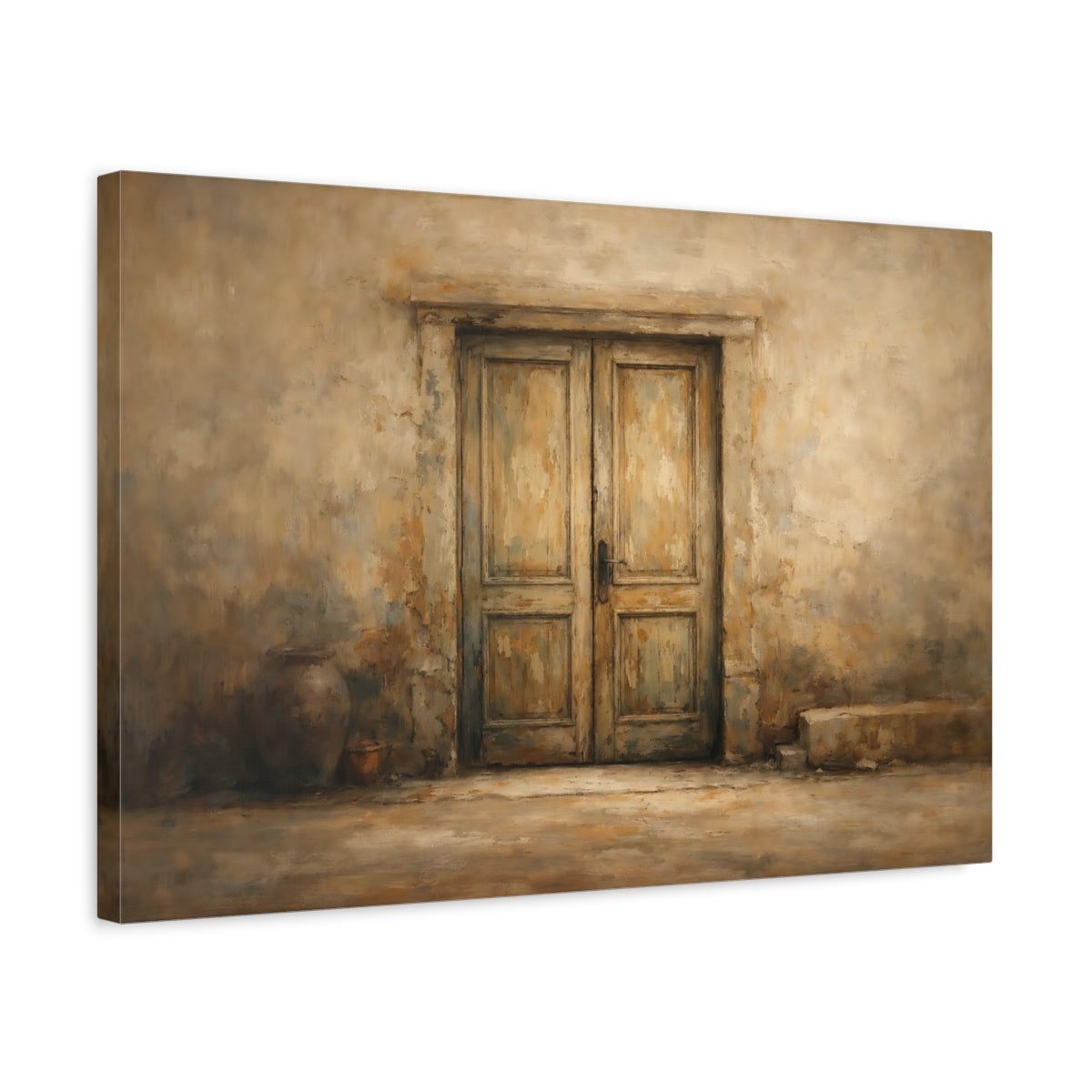 Side Mockup 3. Vintage Weathered Door Brown And Beige shown as stretched canvas wall art