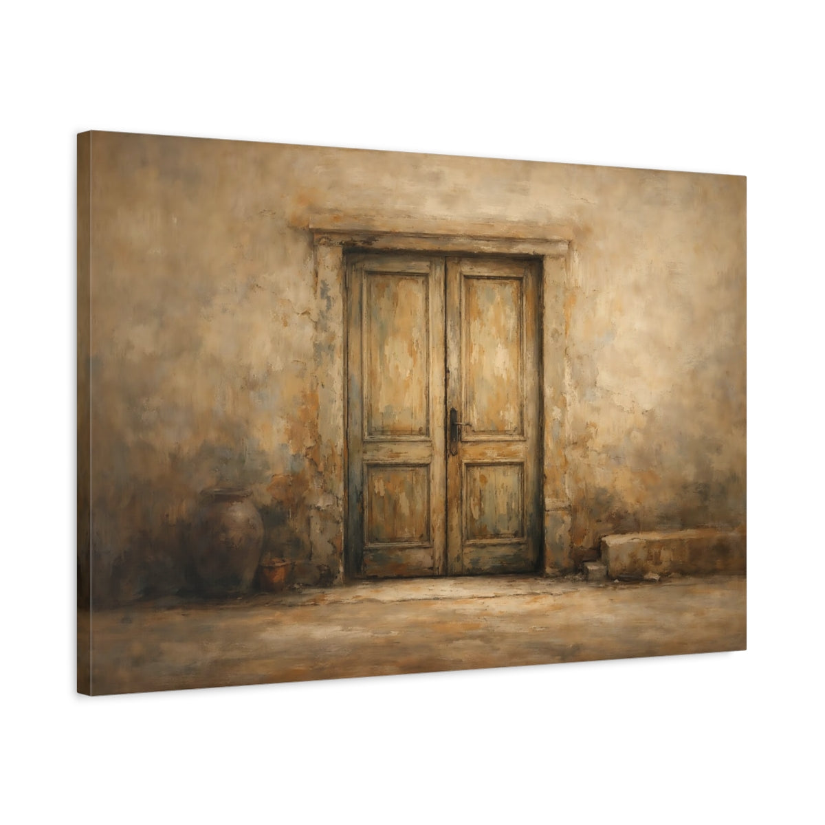 Side Mockup 2. Vintage Weathered Door Brown And Beige shown as stretched canvas wall art