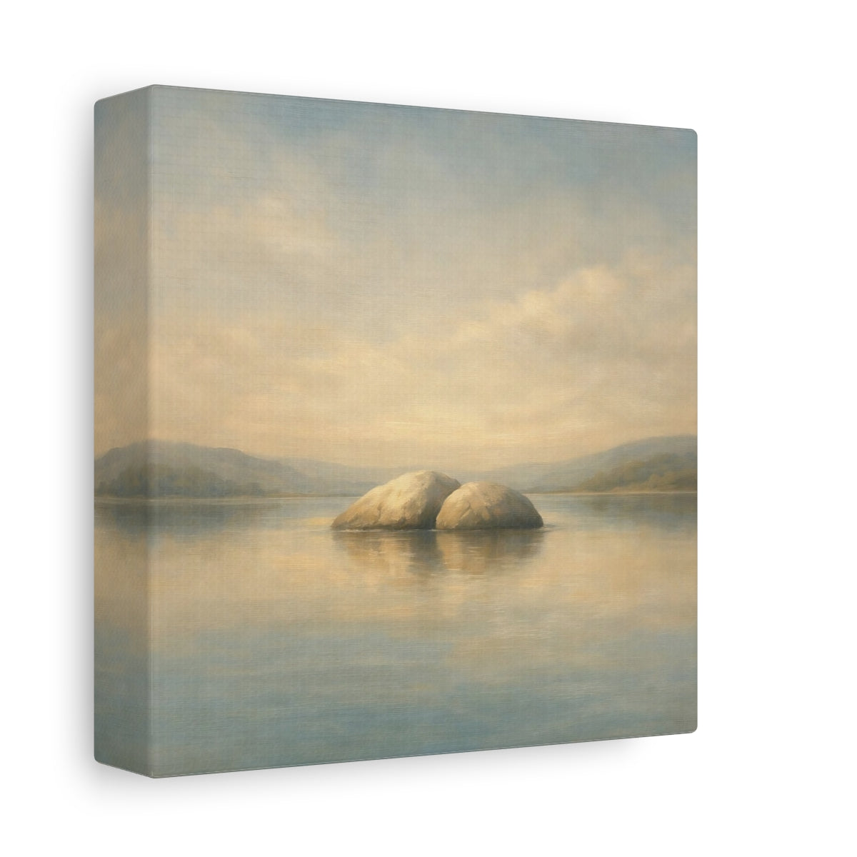 Side Mockup 1. Nature Rocks Blue Beige Landscape shown as stretched canvas wall art