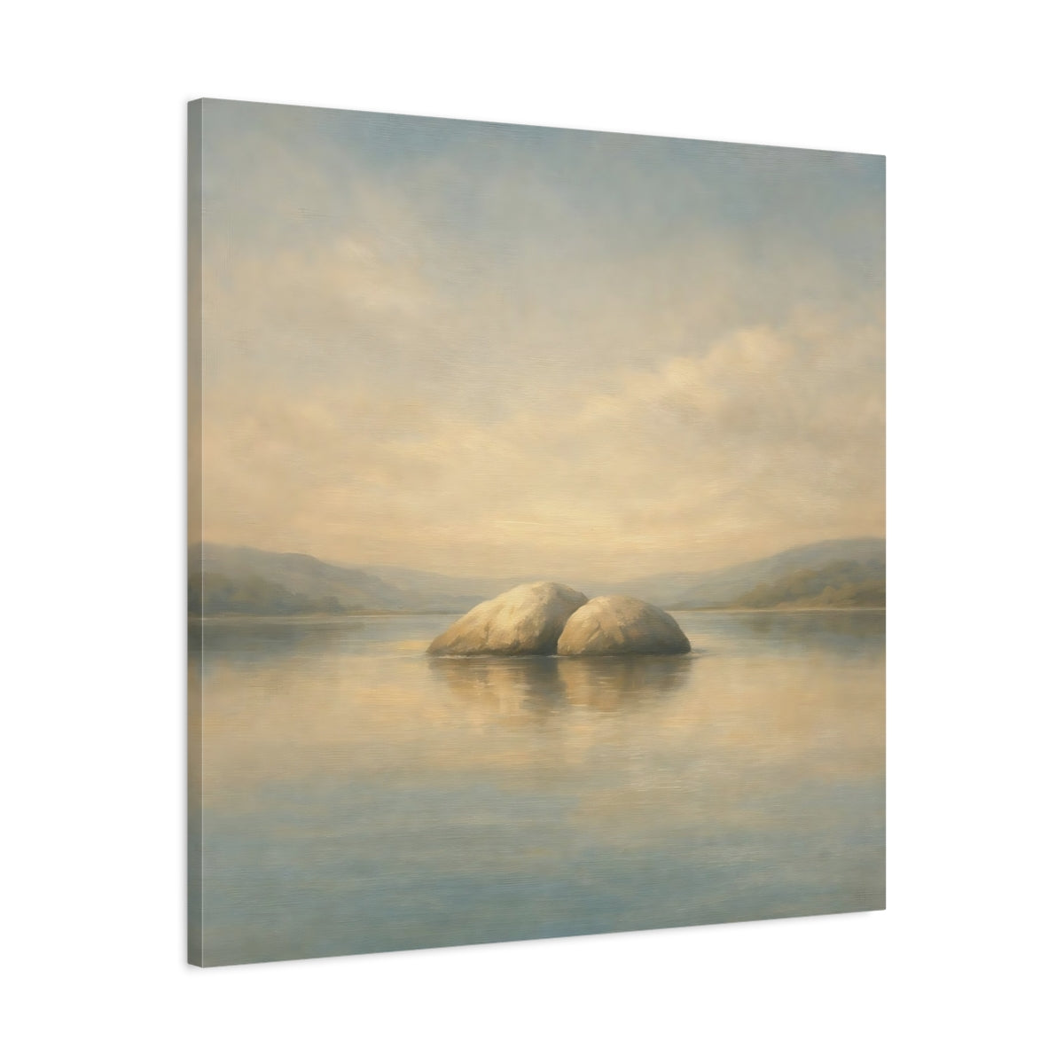 Side Mockup 3. Nature Rocks Blue Beige Landscape shown as stretched canvas wall art