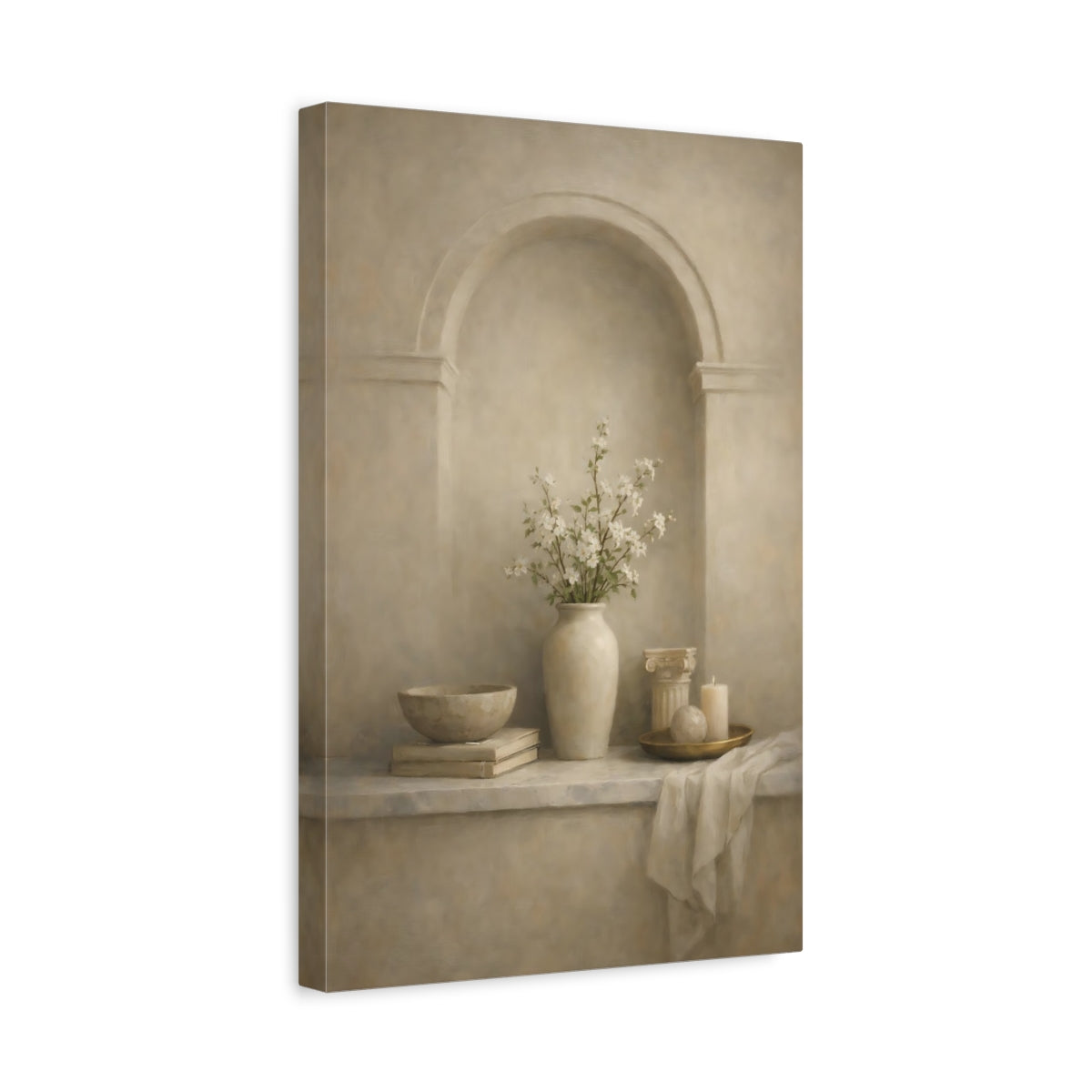 Side Mockup 4. Vintage Flower Vase Neutral Floral Still Life shown as stretched canvas wall art