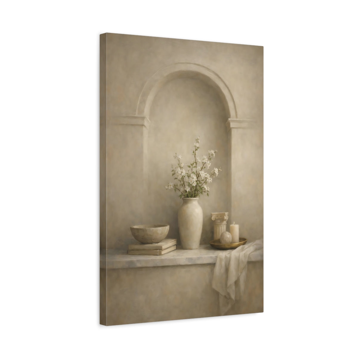 Side Mockup 3. Vintage Flower Vase Neutral Floral Still Life shown as stretched canvas wall art
