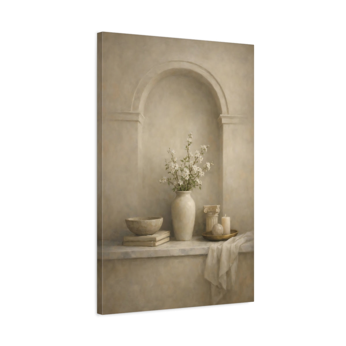 Side Mockup 2. Vintage Flower Vase Neutral Floral Still Life shown as stretched canvas wall art