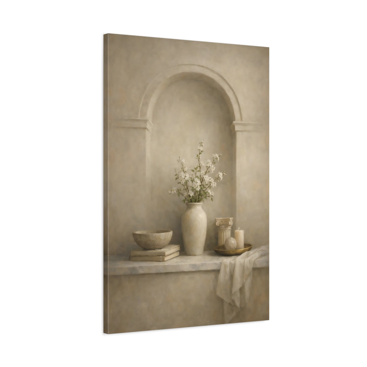 Side Mockup 1. Vintage Flower Vase Neutral Floral Still Life shown as stretched canvas wall art