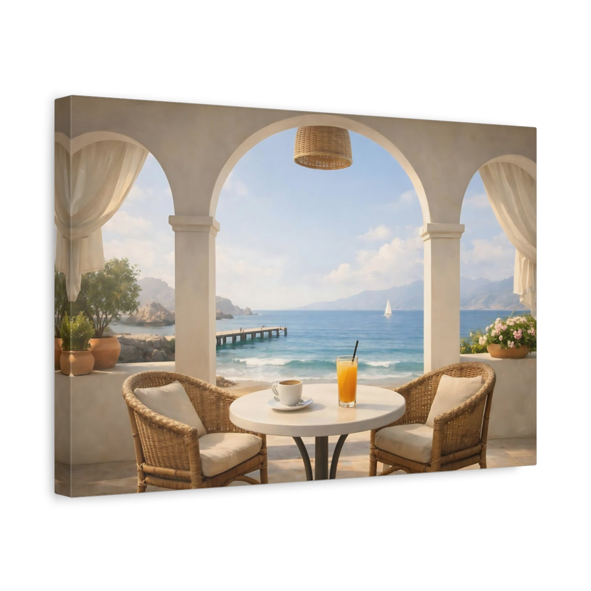 Seascape Seaside Cafe Arch Coastal View Nature - Canvas Wall Art Print