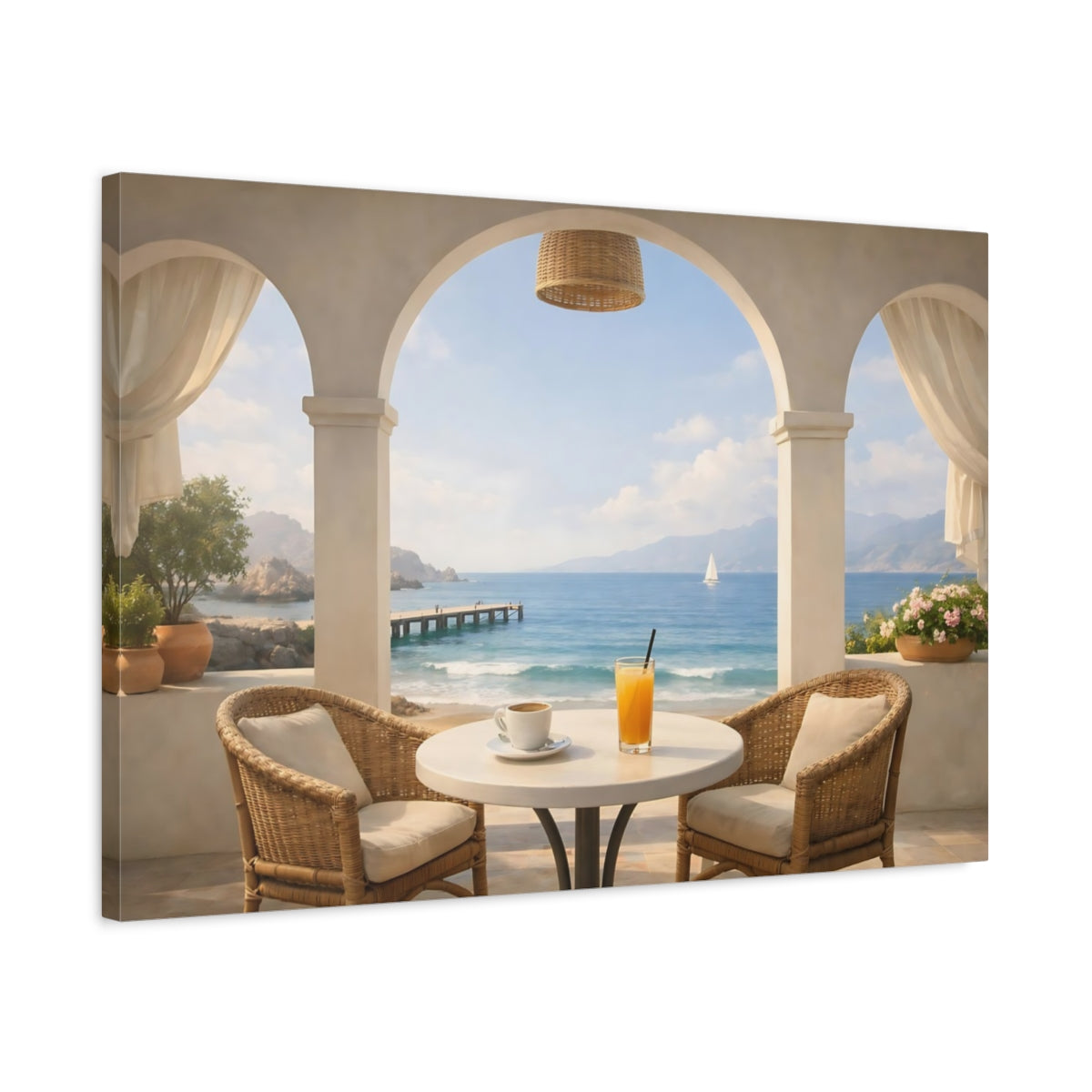 Seascape Seaside Cafe Arch Coastal View Nature - Canvas Wall Art Print
