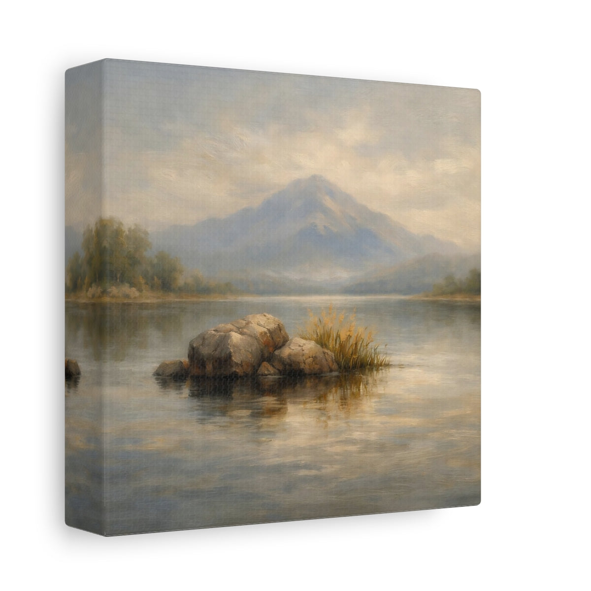 Side Mockup 1. Nature Misty Lake Misty Landscape shown as stretched canvas wall art