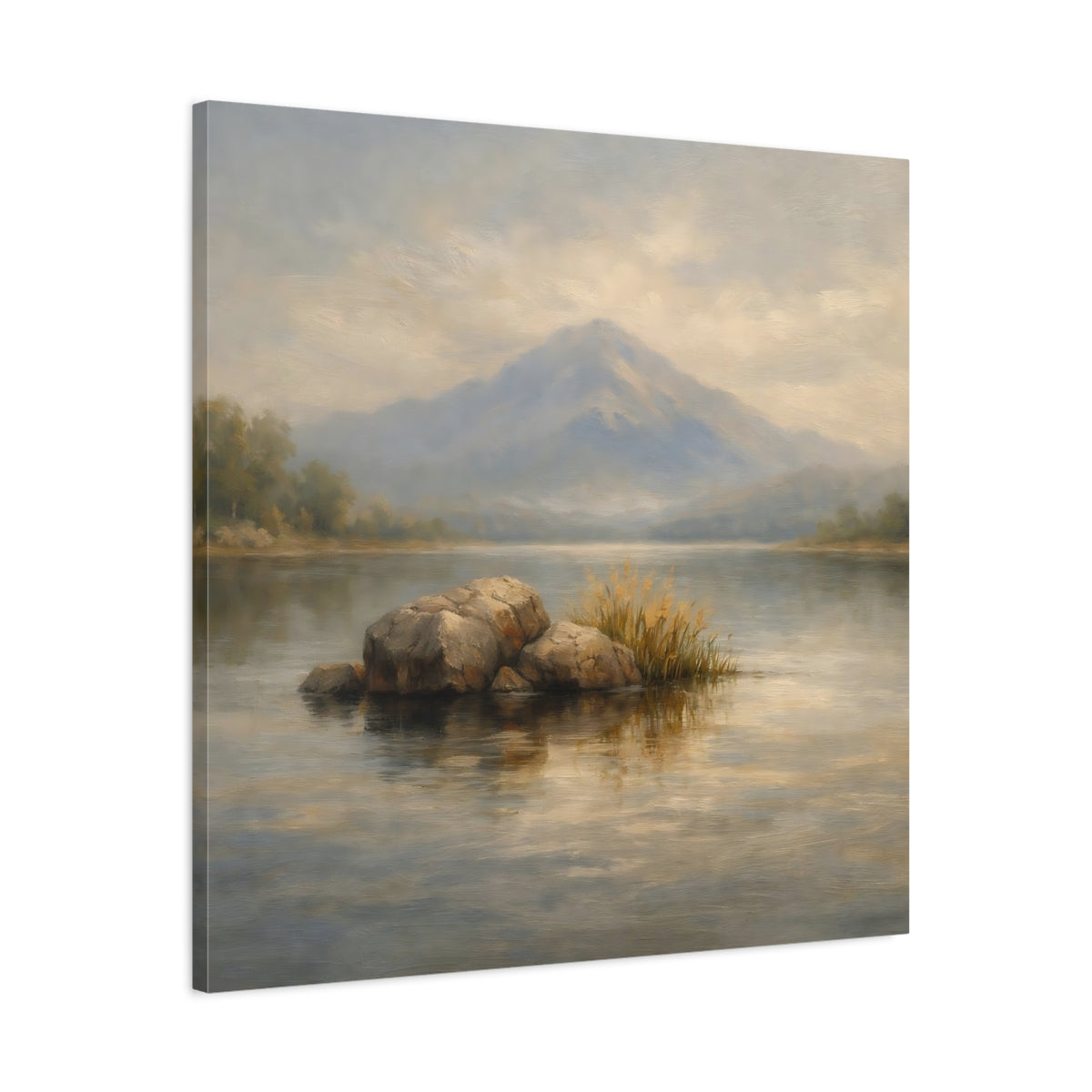 Side Mockup 3. Nature Misty Lake Misty Landscape shown as stretched canvas wall art