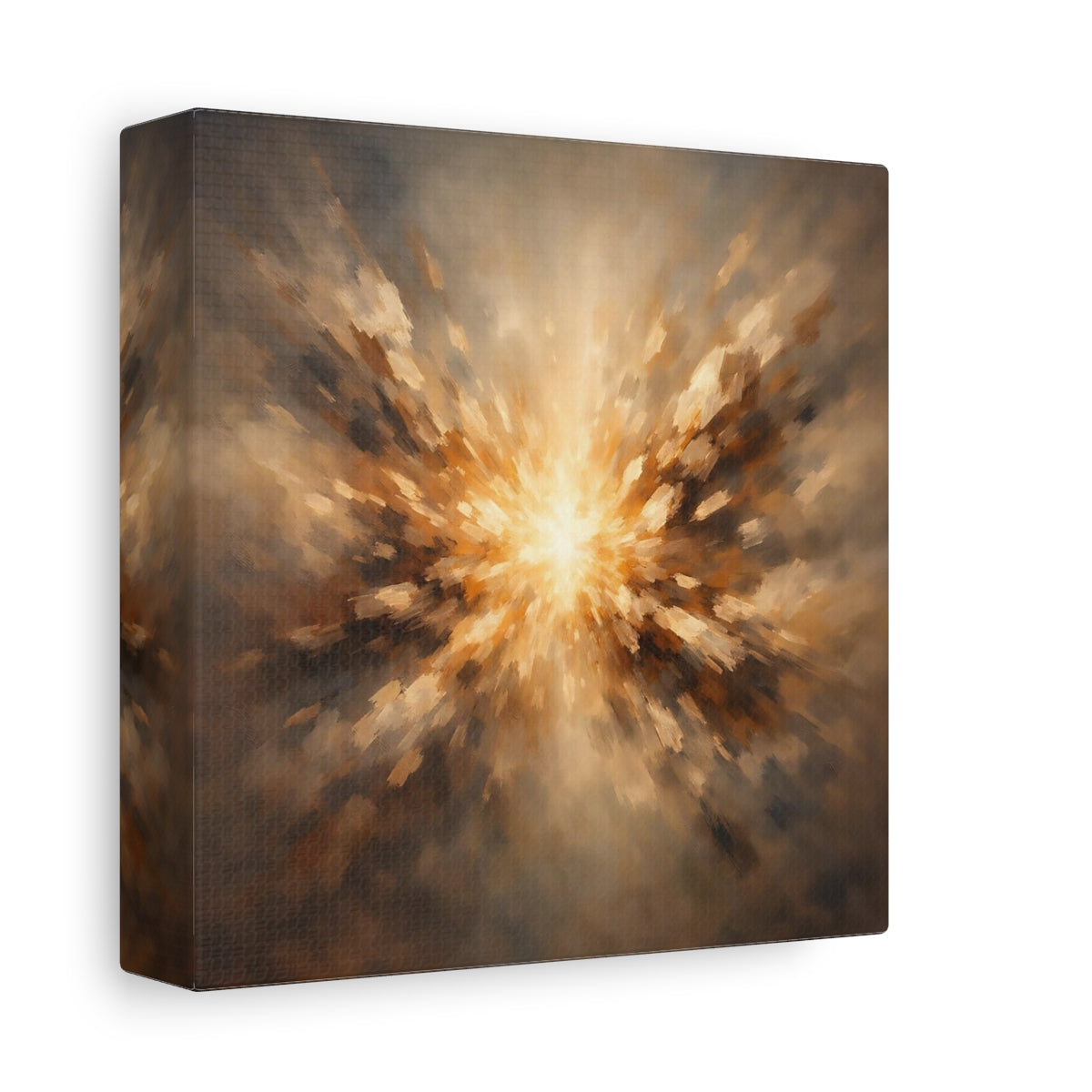 Side Mockup 1. Abstract Light Burst Brown And Gold shown as stretched canvas wall art