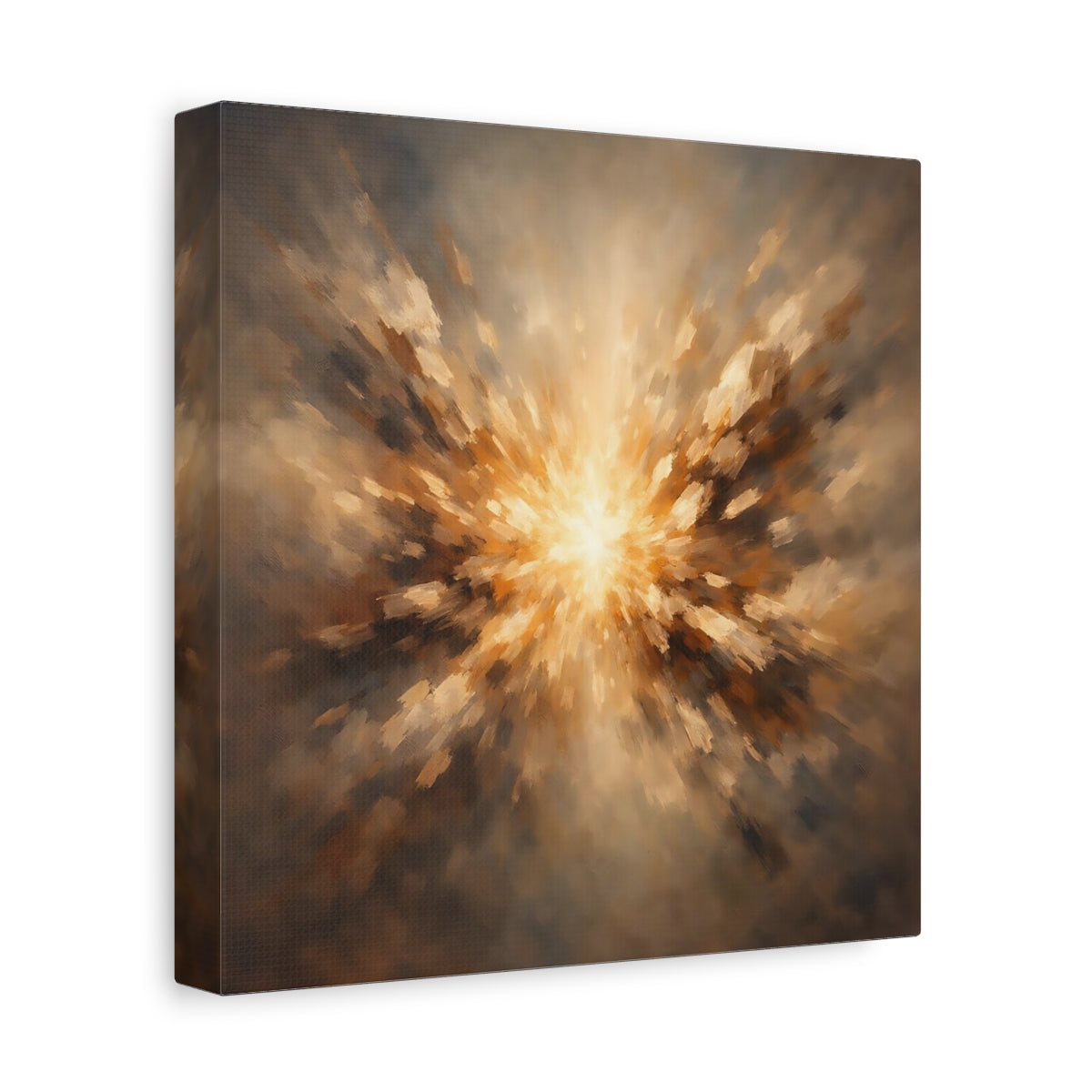 Side Mockup 9. Abstract Light Burst Brown And Gold shown as stretched canvas wall art