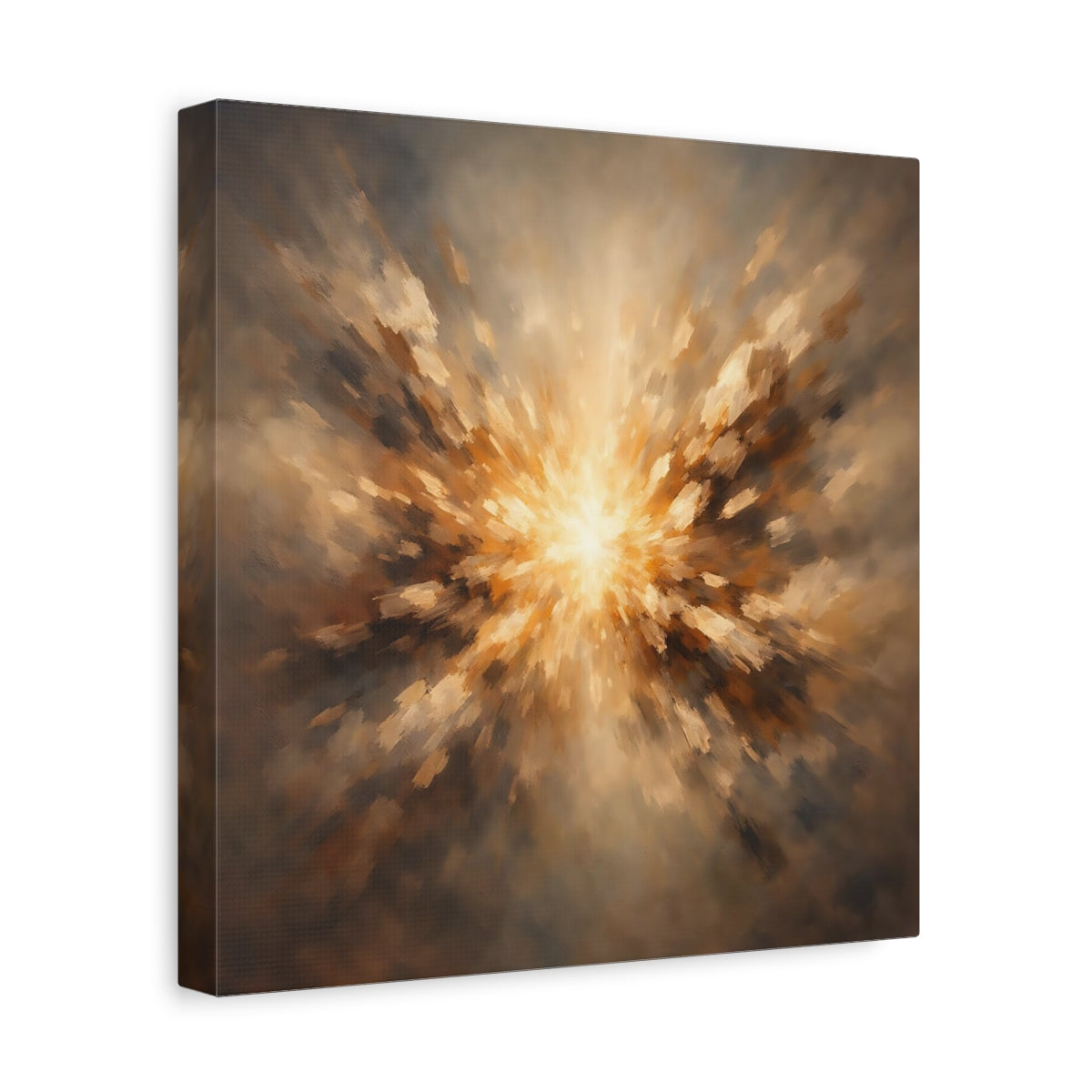 Side Mockup 8. Abstract Light Burst Brown And Gold shown as stretched canvas wall art