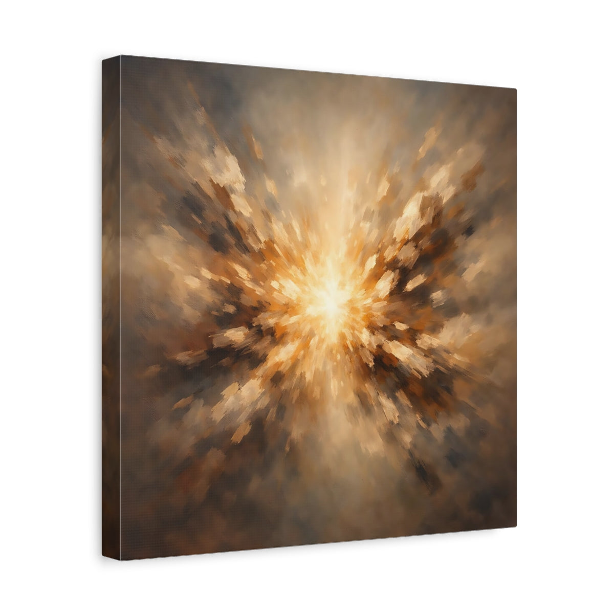 Side Mockup 7. Abstract Light Burst Brown And Gold shown as stretched canvas wall art