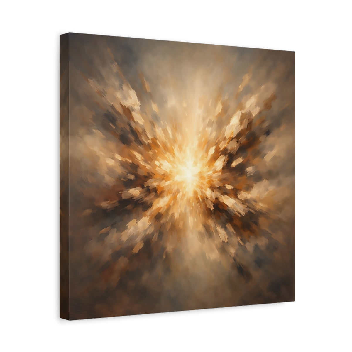 Side Mockup 6. Abstract Light Burst Brown And Gold shown as stretched canvas wall art