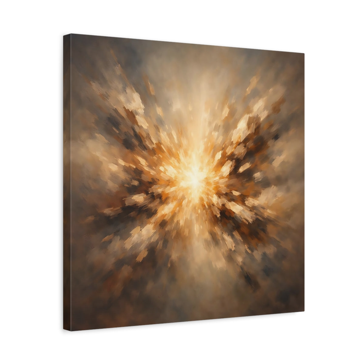 Side Mockup 5. Abstract Light Burst Brown And Gold shown as stretched canvas wall art