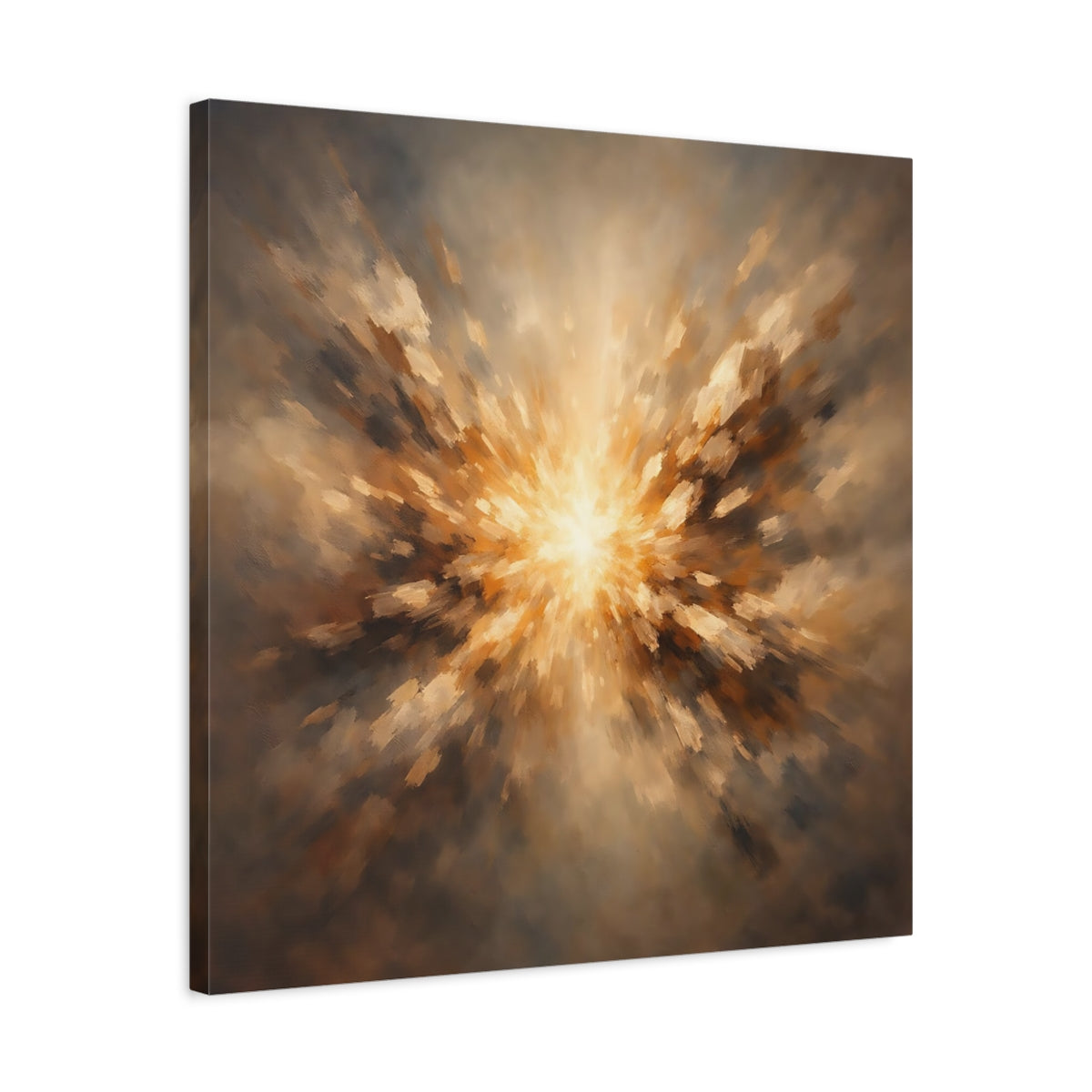 Side Mockup 4. Abstract Light Burst Brown And Gold shown as stretched canvas wall art