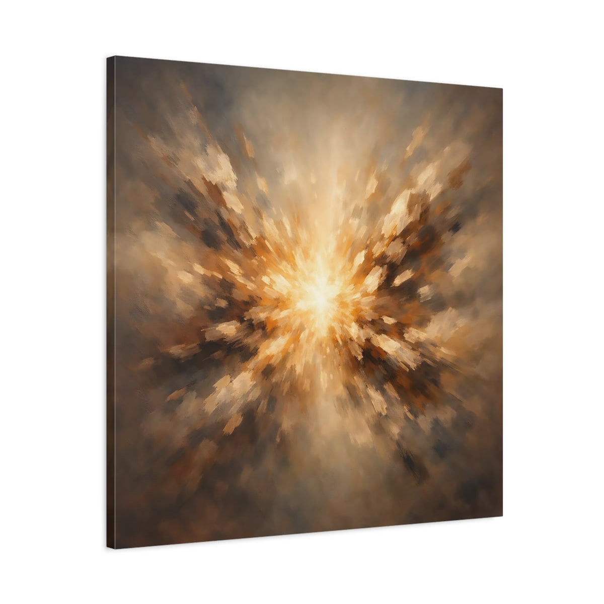 Side Mockup 3. Abstract Light Burst Brown And Gold shown as stretched canvas wall art