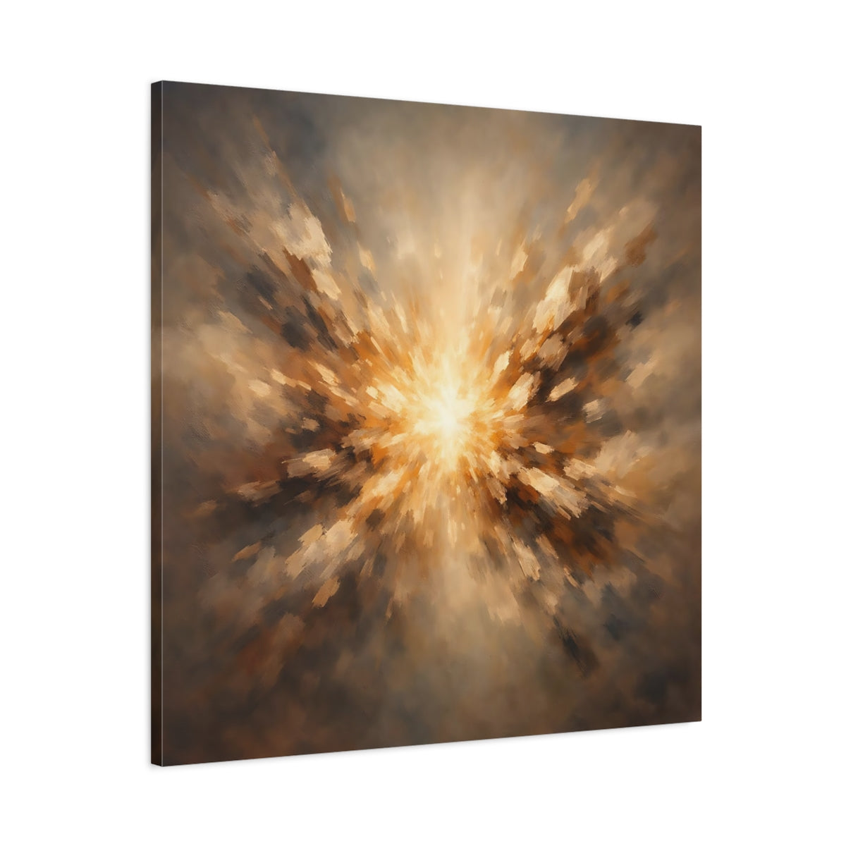 Side Mockup 2. Abstract Light Burst Brown And Gold shown as stretched canvas wall art