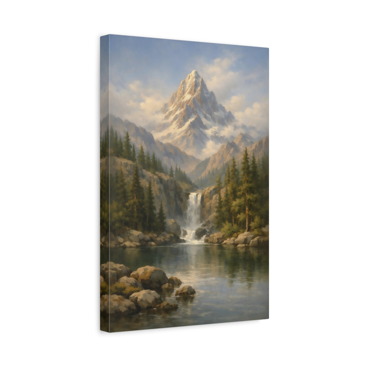 Side Mockup 4. Nature Mountain Waterfall Mountain Lake Landscape shown as stretched canvas wall art