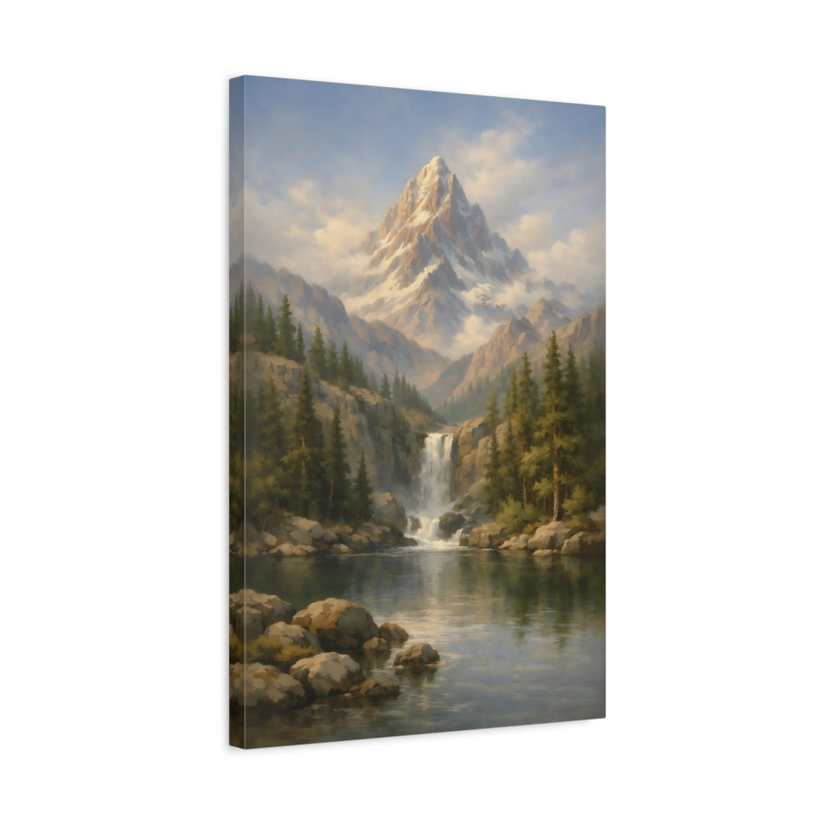Side Mockup 3. Nature Mountain Waterfall Mountain Lake Landscape shown as stretched canvas wall art