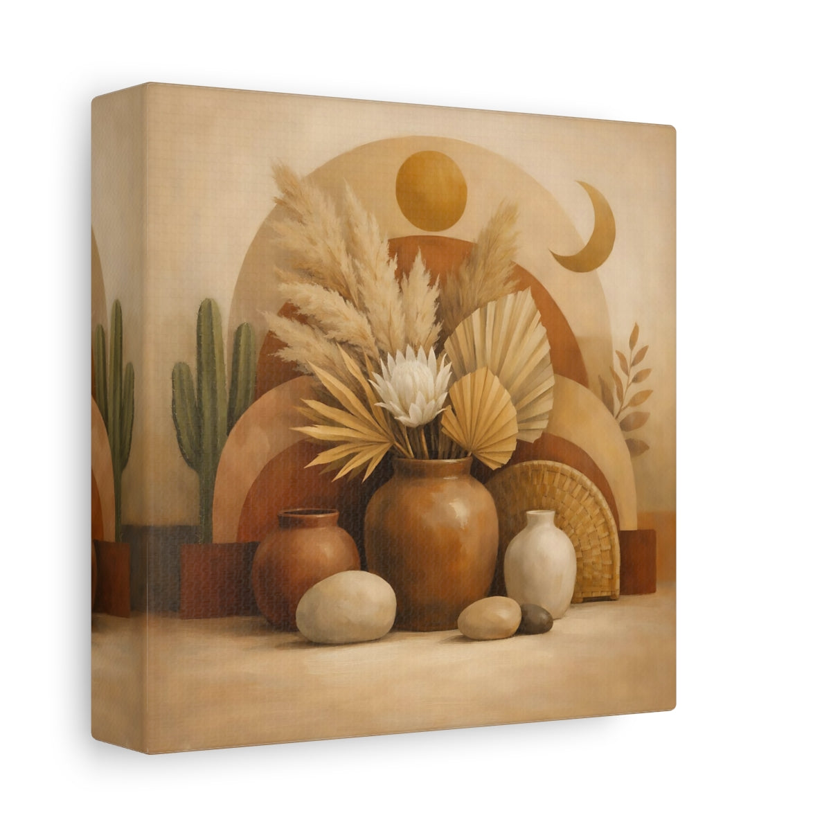 Side Mockup 1. Nature Boho Still Life Brown And Beige shown as stretched canvas wall art