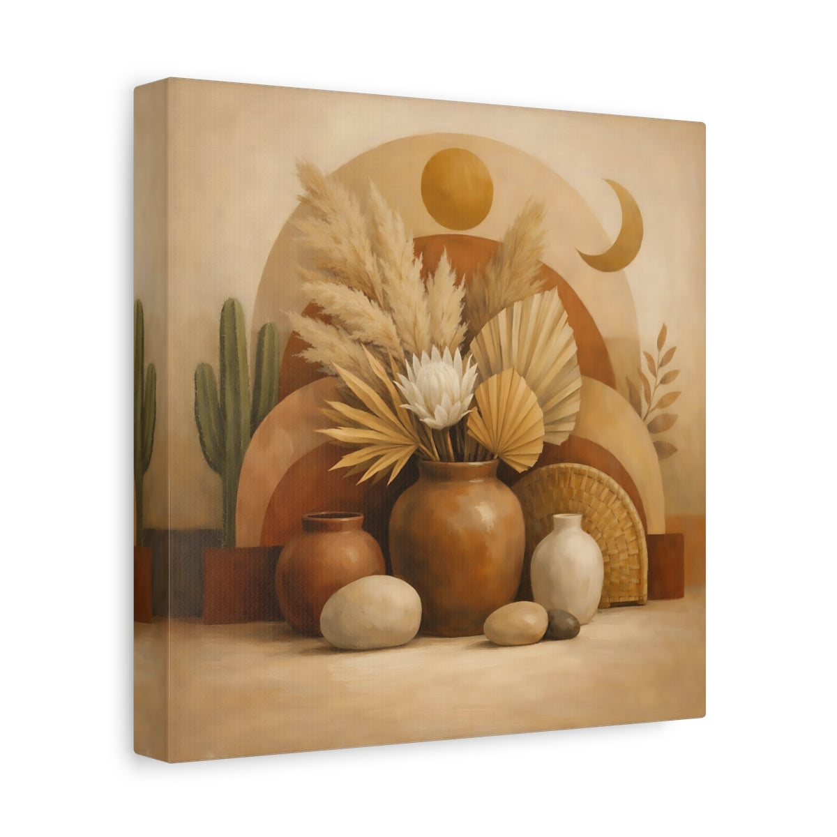 Side Mockup 9. Nature Boho Still Life Brown And Beige shown as stretched canvas wall art