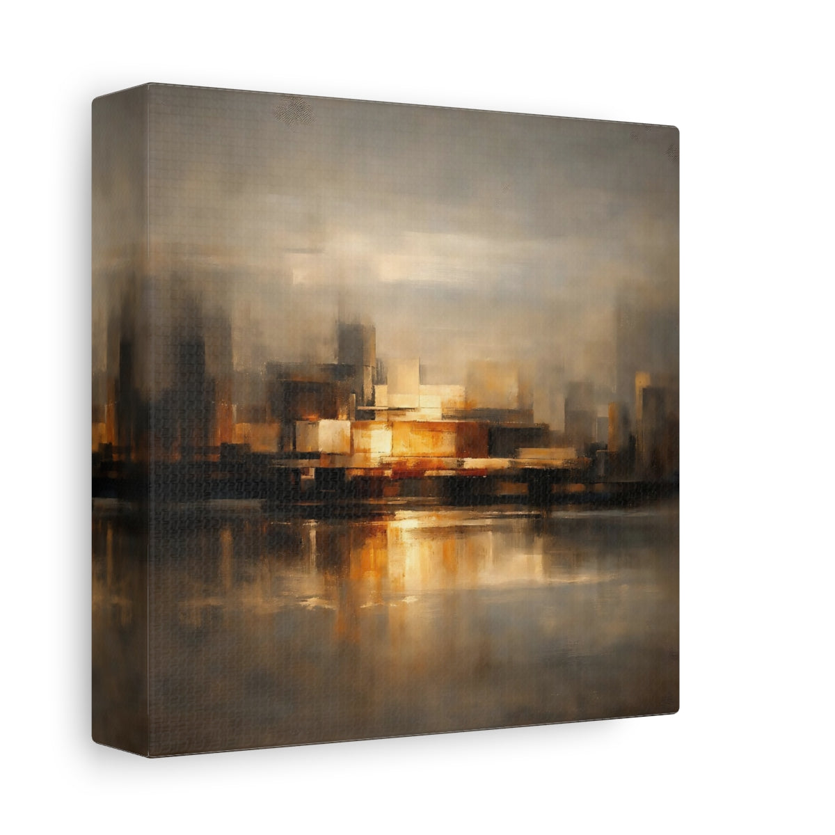 Side Mockup 1. Abstract Cityscape Brown And Gold shown as stretched canvas wall art