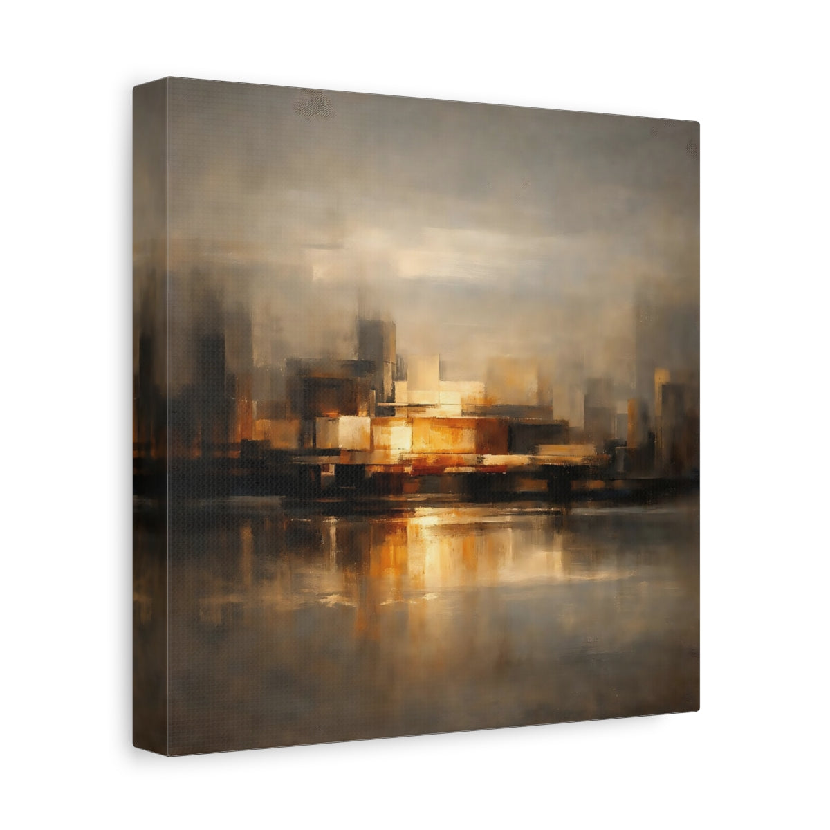 Side Mockup 9. Abstract Cityscape Brown And Gold shown as stretched canvas wall art