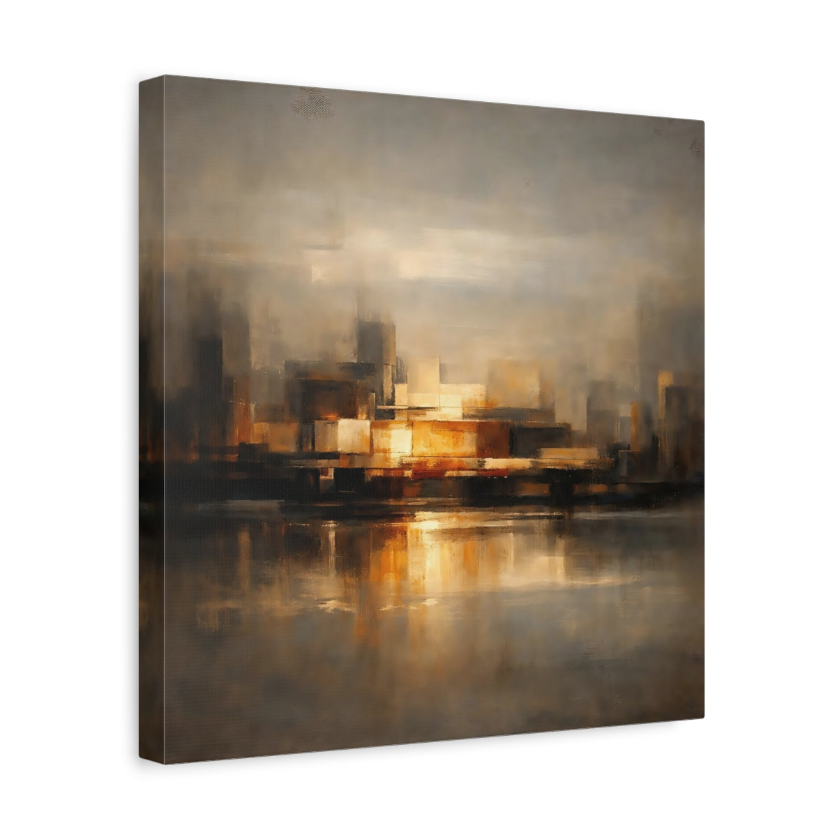 Side Mockup 7. Abstract Cityscape Brown And Gold shown as stretched canvas wall art