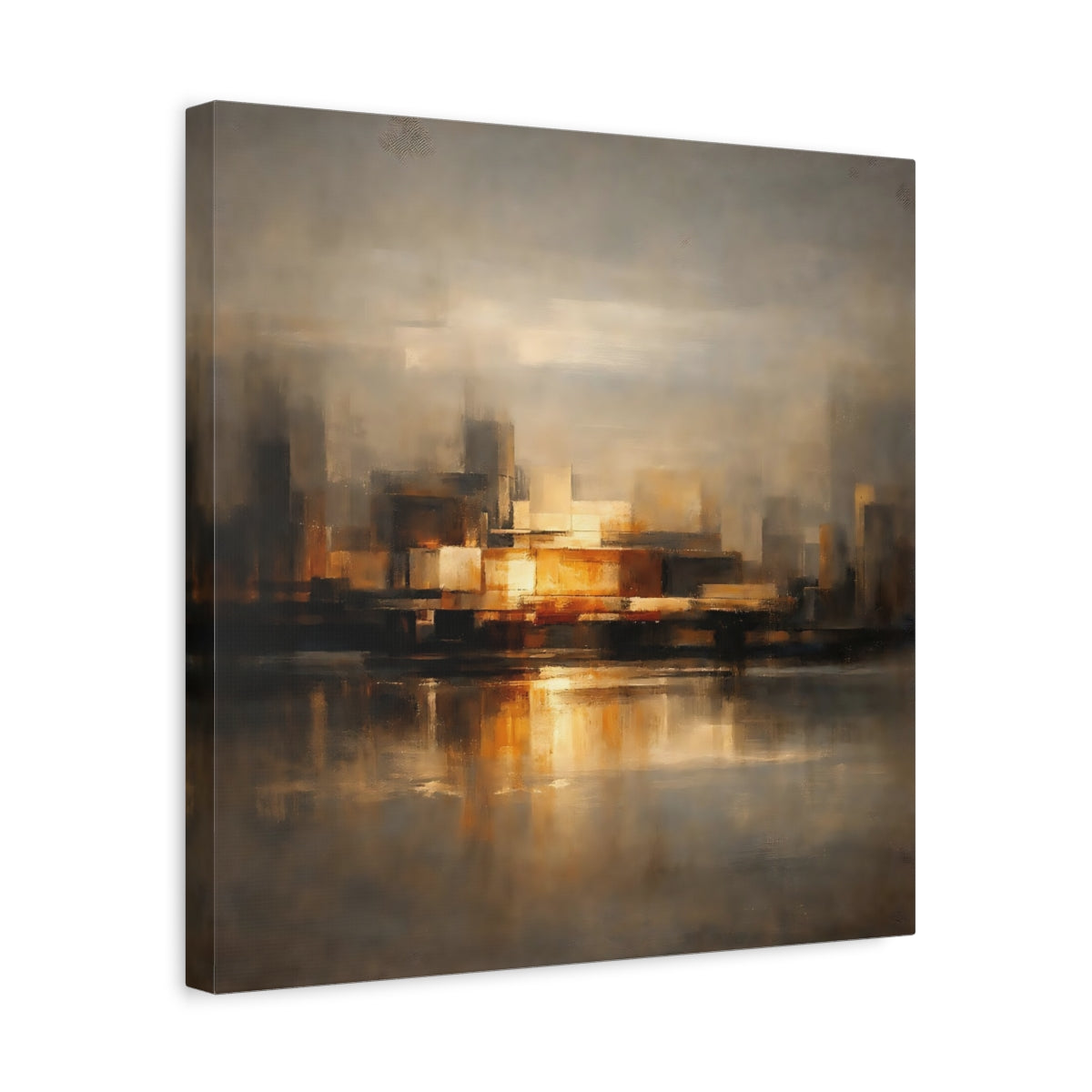 Side Mockup 6. Abstract Cityscape Brown And Gold shown as stretched canvas wall art