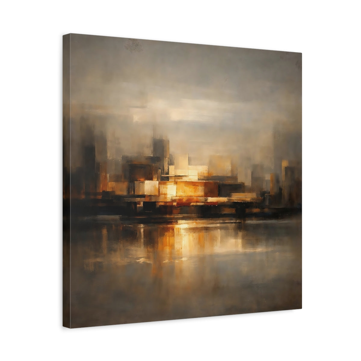Side Mockup 5. Abstract Cityscape Brown And Gold shown as stretched canvas wall art