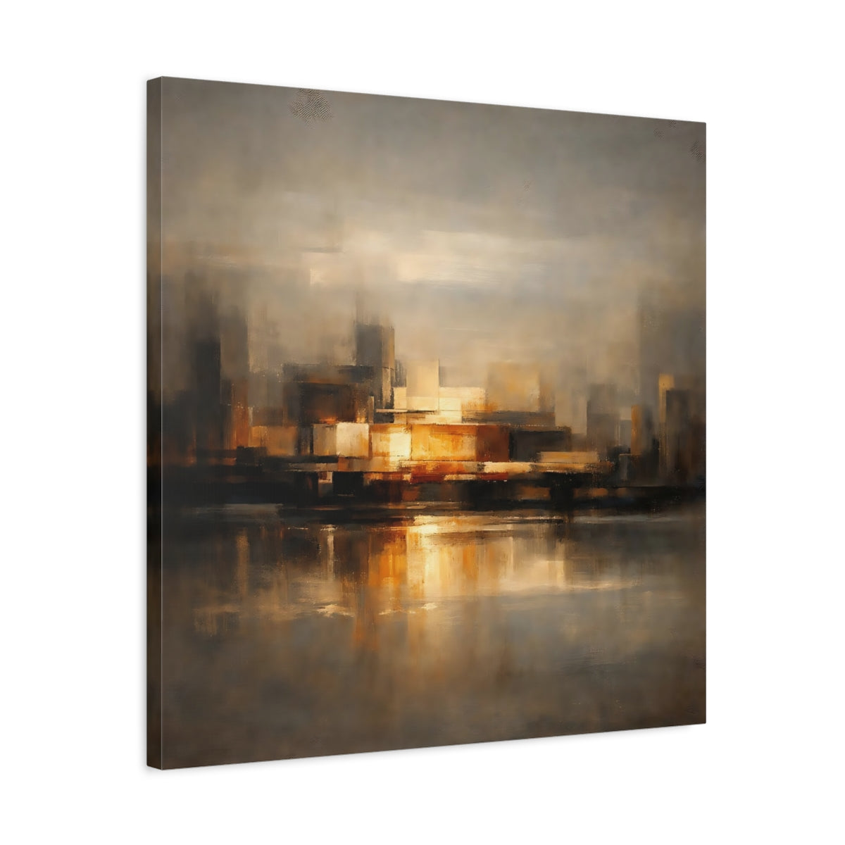 Side Mockup 4. Abstract Cityscape Brown And Gold shown as stretched canvas wall art