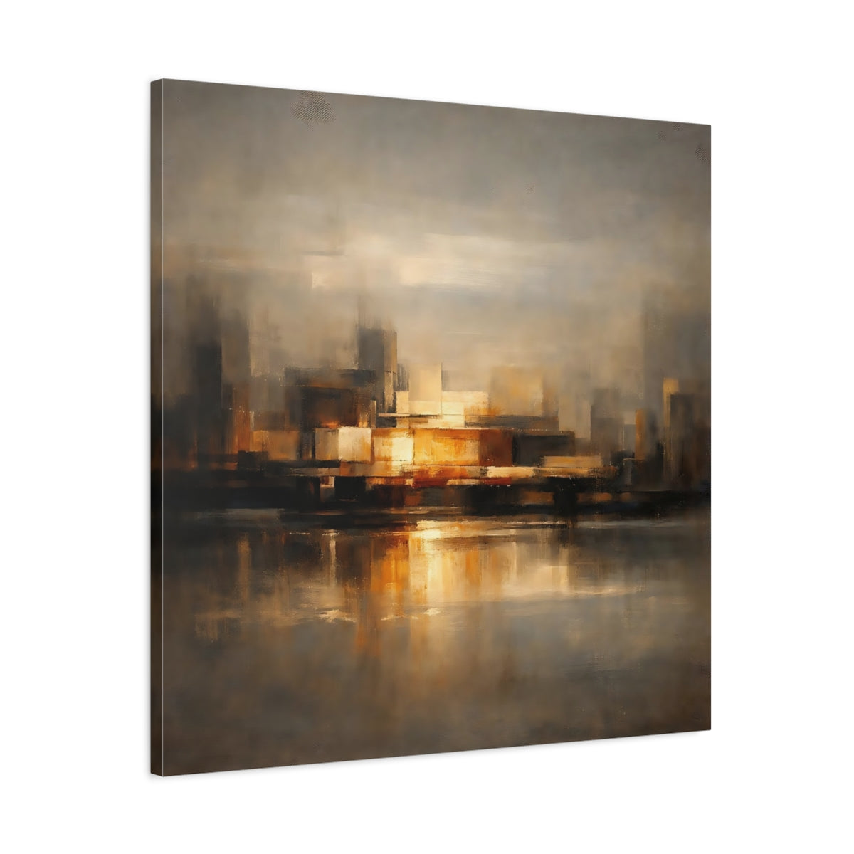 Side Mockup 3. Abstract Cityscape Brown And Gold shown as stretched canvas wall art