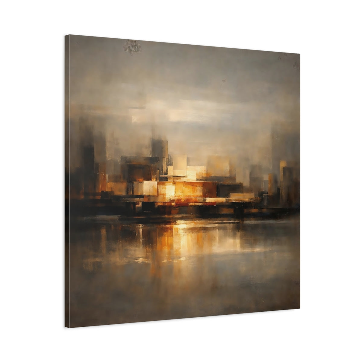 Side Mockup 2. Abstract Cityscape Brown And Gold shown as stretched canvas wall art