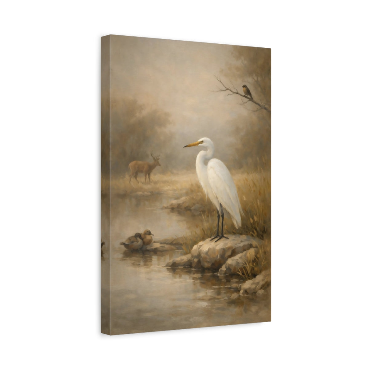 Side Mockup 4. Nature White Egret Misty Wildlife Scene shown as stretched canvas wall art