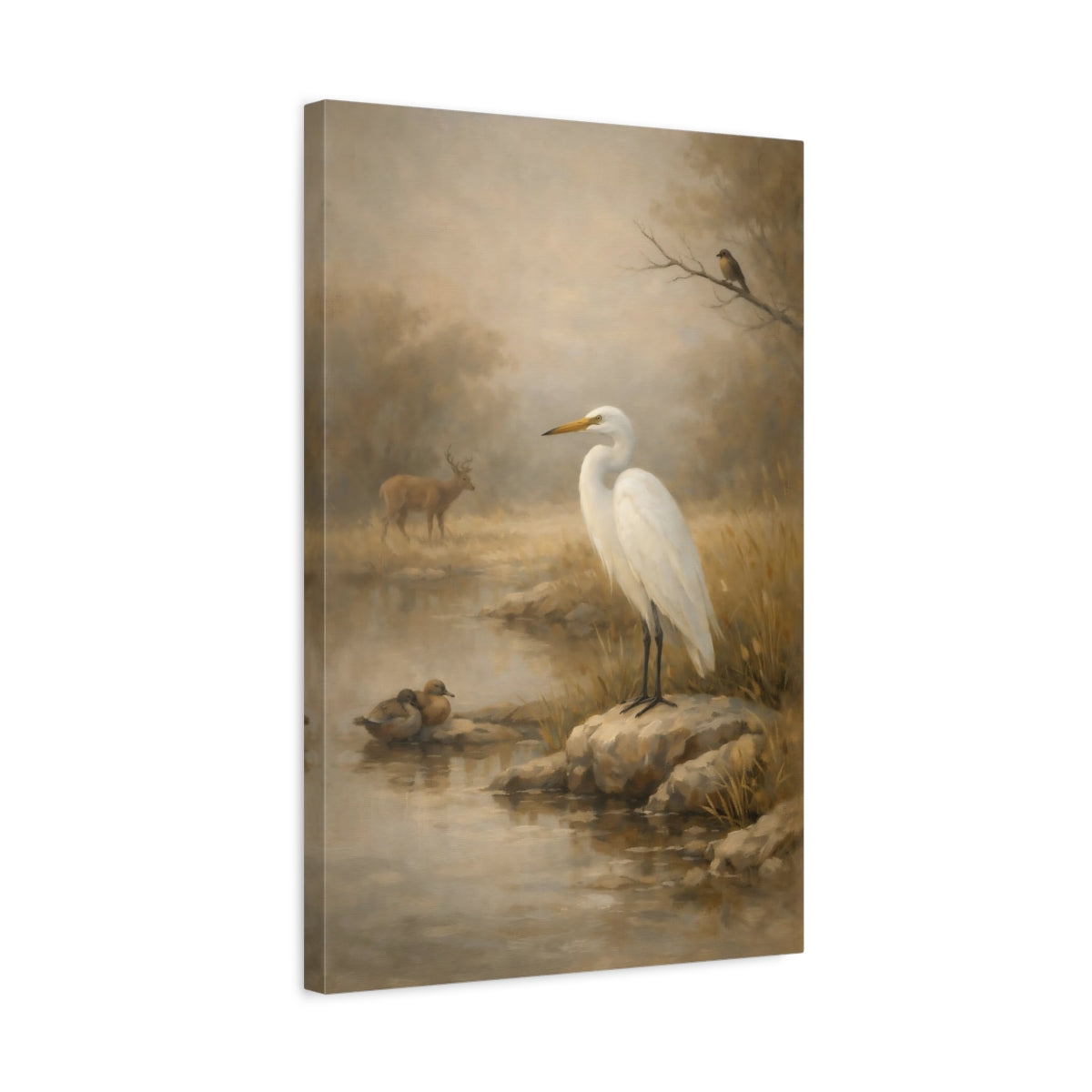 Side Mockup 3. Nature White Egret Misty Wildlife Scene shown as stretched canvas wall art