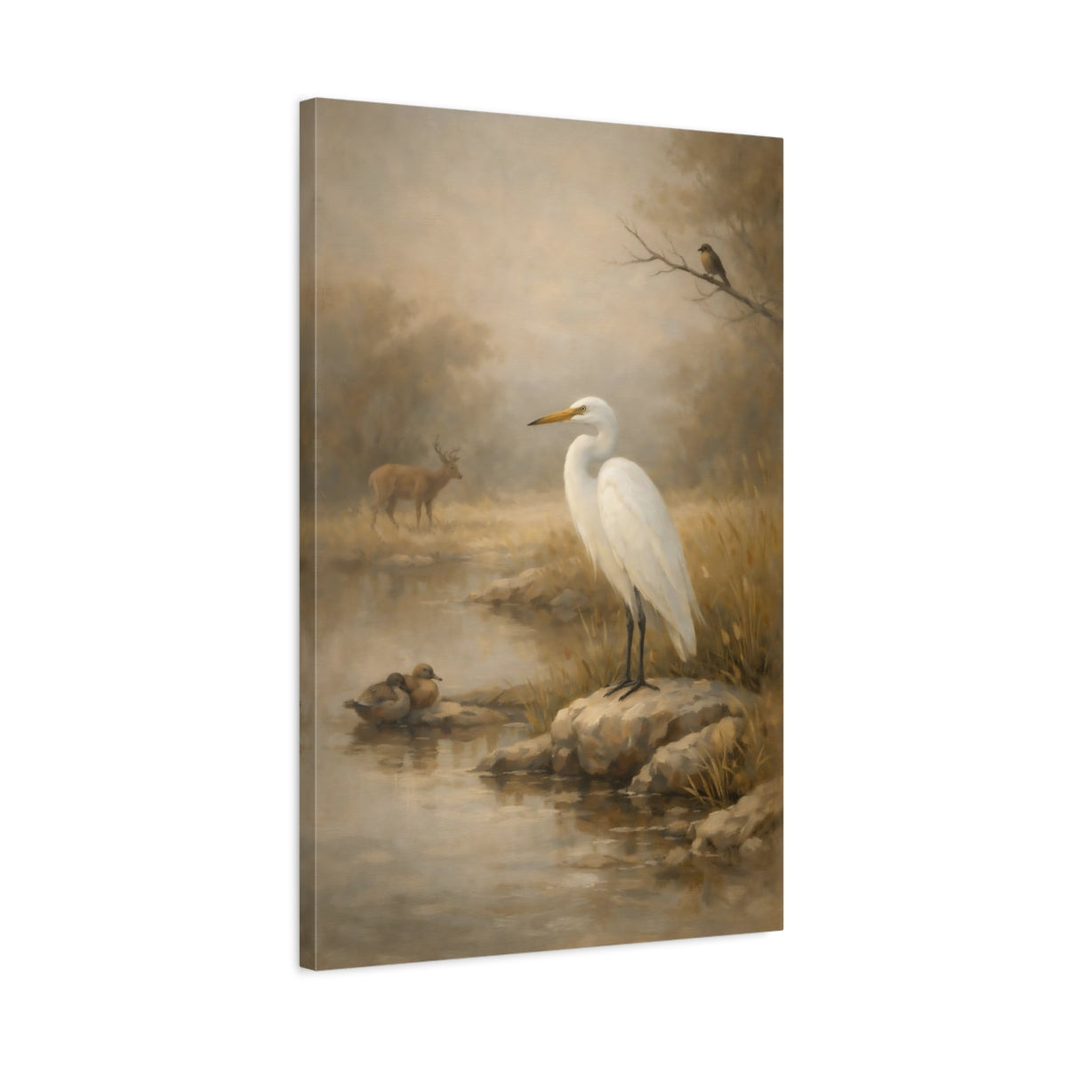 Side Mockup 2. Nature White Egret Misty Wildlife Scene shown as stretched canvas wall art