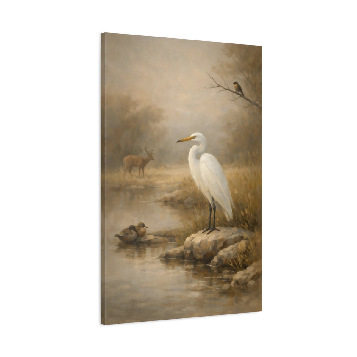 Side Mockup 1. Nature White Egret Misty Wildlife Scene shown as stretched canvas wall art