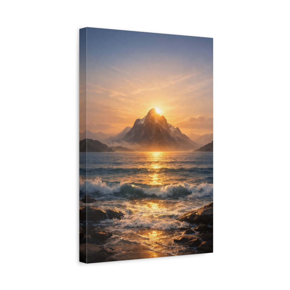 Side Mockup 4. Nature Mountain Ocean Golden Sunset shown as stretched canvas wall art
