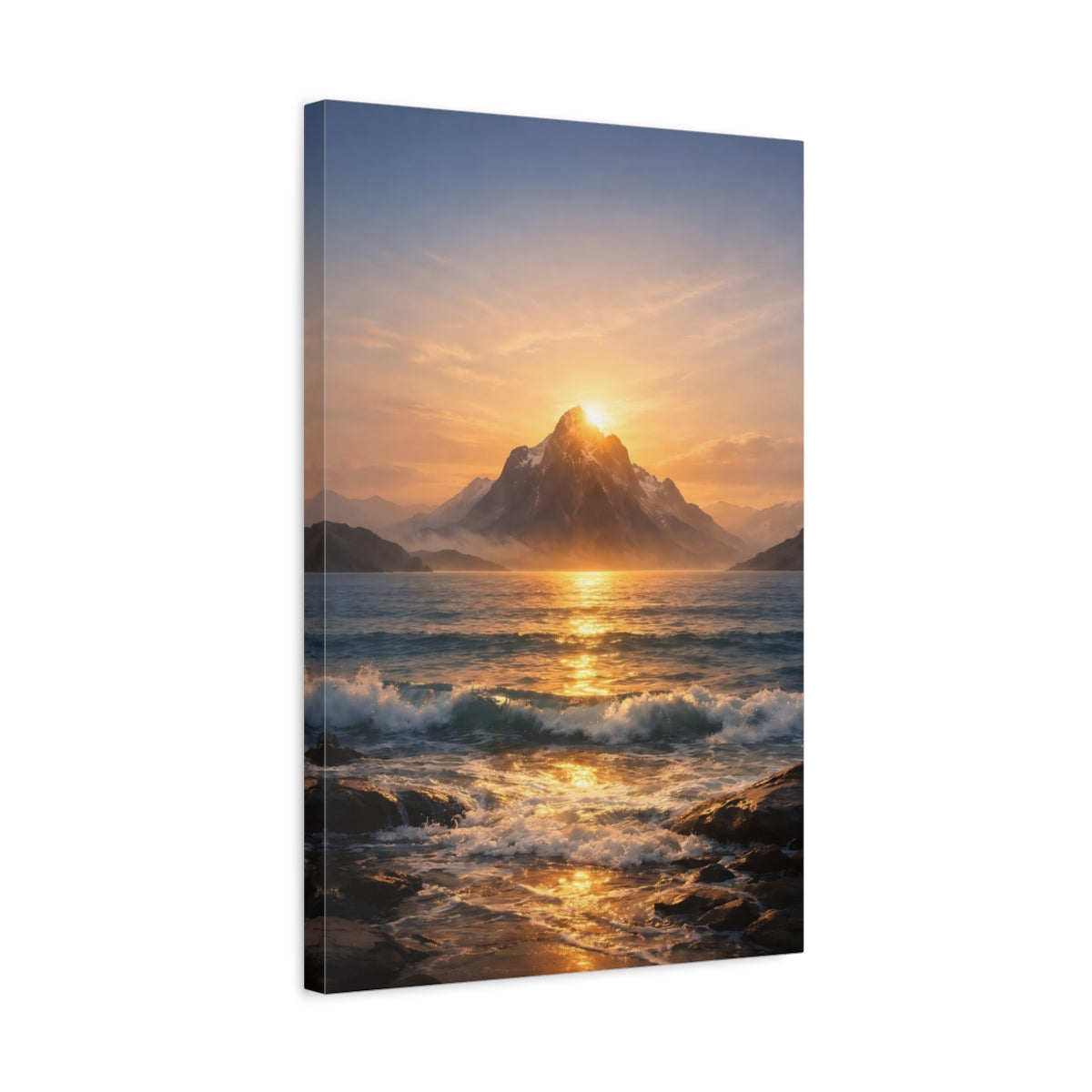 Side Mockup 3. Nature Mountain Ocean Golden Sunset shown as stretched canvas wall art