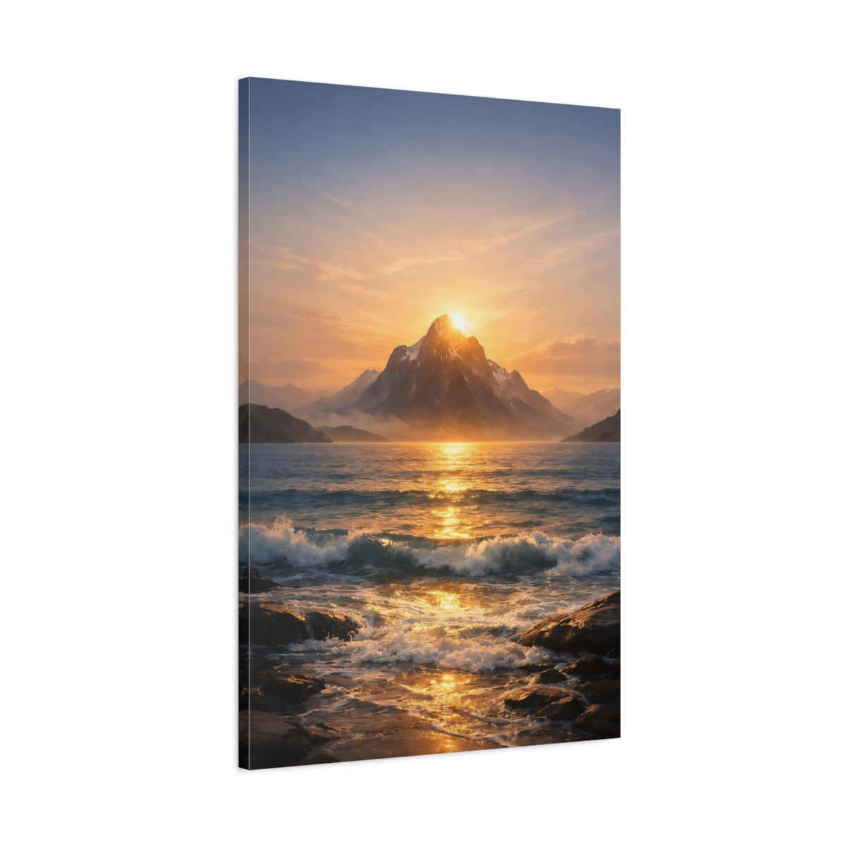 Side Mockup 1. Nature Mountain Ocean Golden Sunset shown as stretched canvas wall art