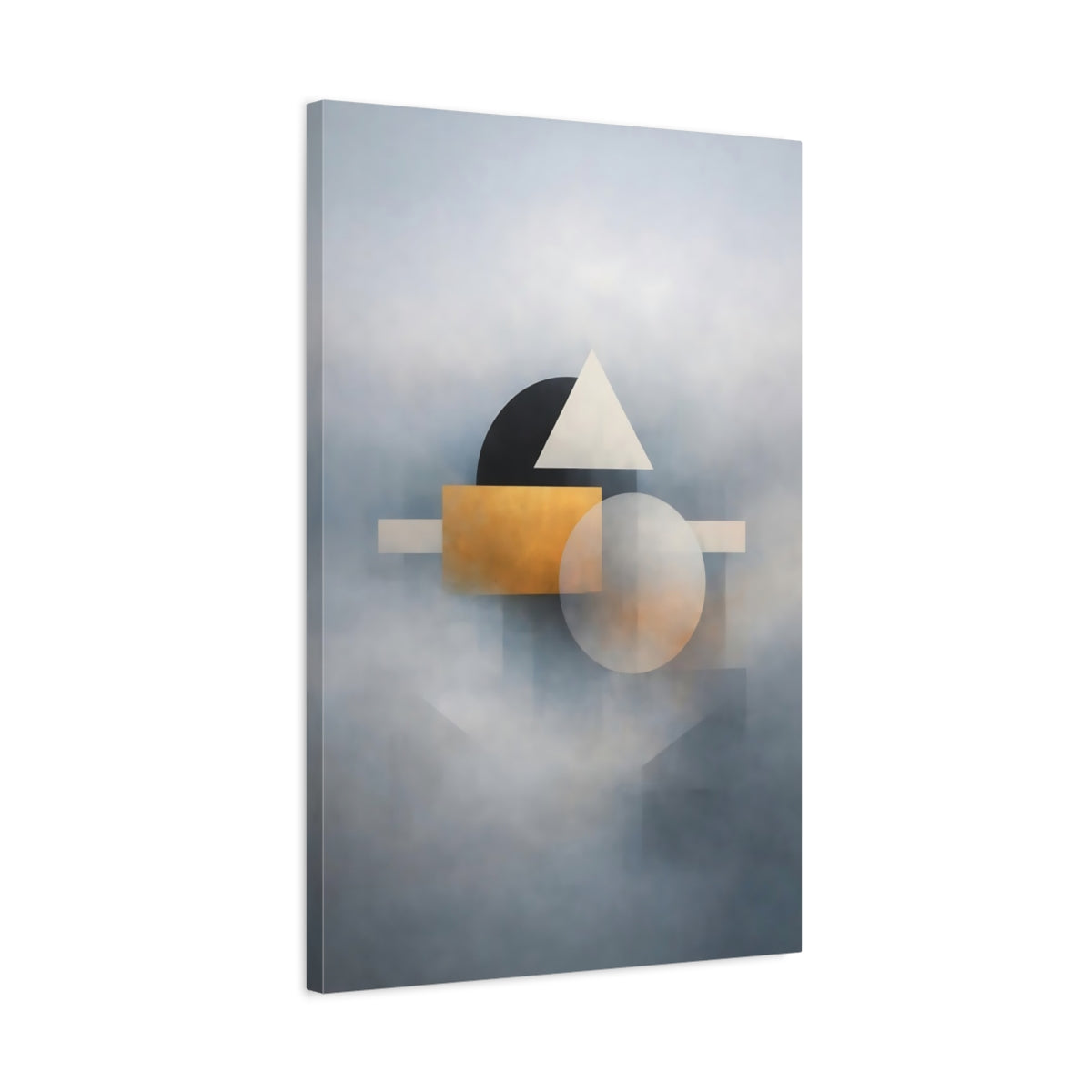Side Mockup 2. Abstract Geometric Shapes Gold And Gray Abstract shown as stretched canvas wall art
