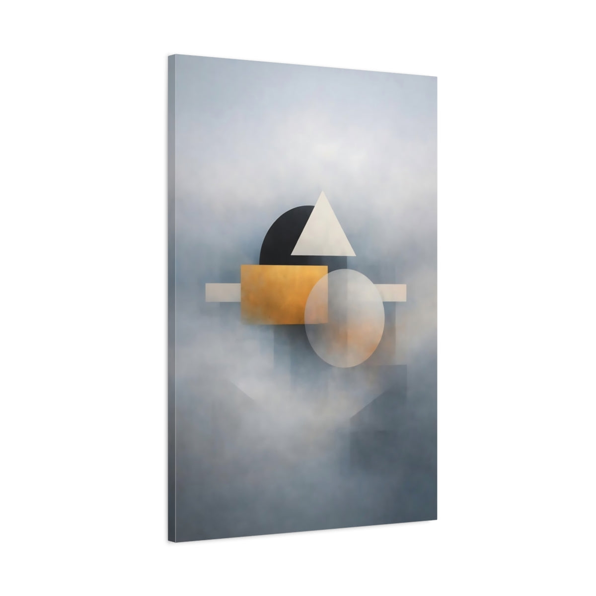 Side Mockup 1. Abstract Geometric Shapes Gold And Gray Abstract shown as stretched canvas wall art
